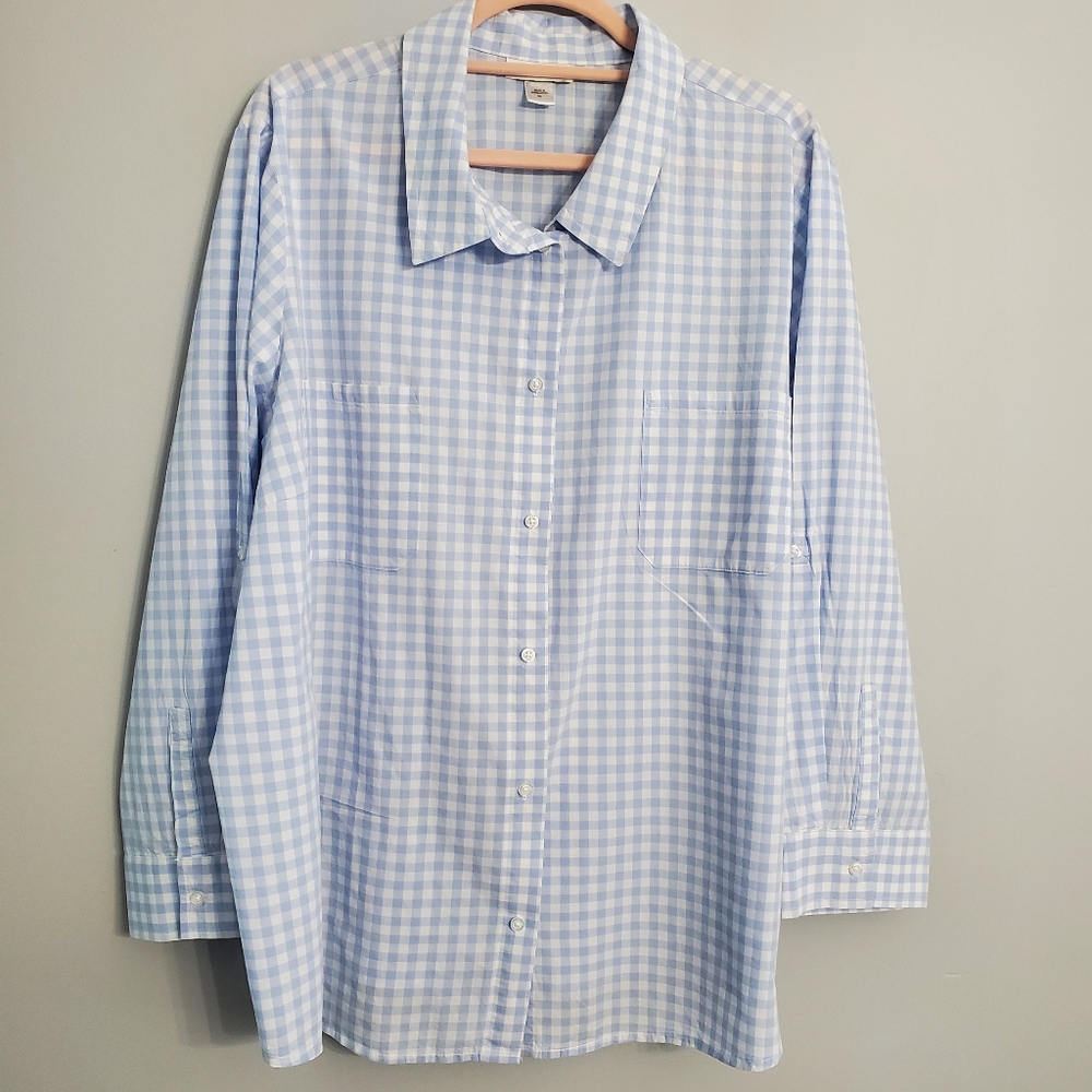 Jaclyn Smith Woman's Blue&White Button Up Top Roll Tab Sleeves Small Flaws 3X